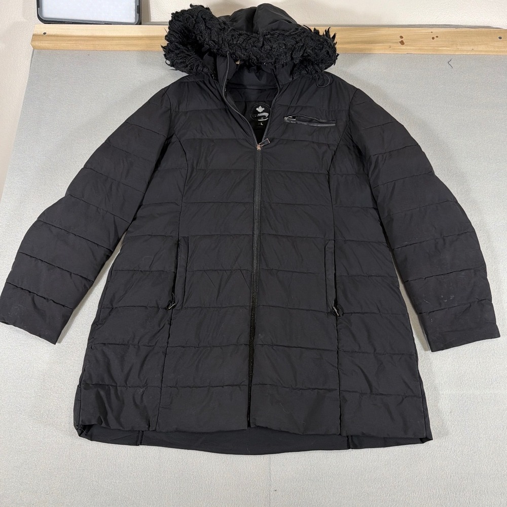 Halitech Womens Black Quilted Puffer Coat Faux Fur Trim Hood Mid Length XL